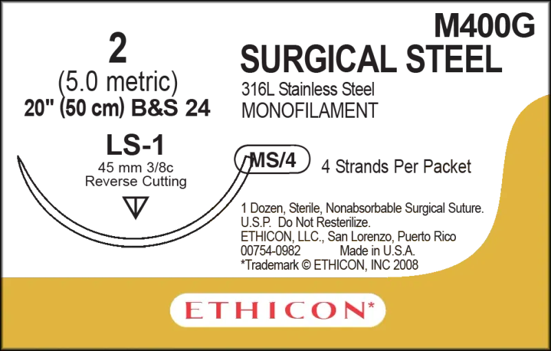 Ethicon Ethisteel Stainless Steel Sutures USP 2, 3/8 Circle Reverse Cutting LS-1 - M400G