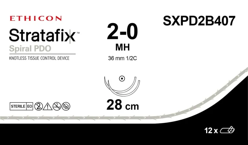 Ethicon STRATAFIX Spiral PDO Suture, Taper Point, Absorbable, MH 36mm 1/2 Circle, 14cm X 14cm Bidirectional - SXPD2B407