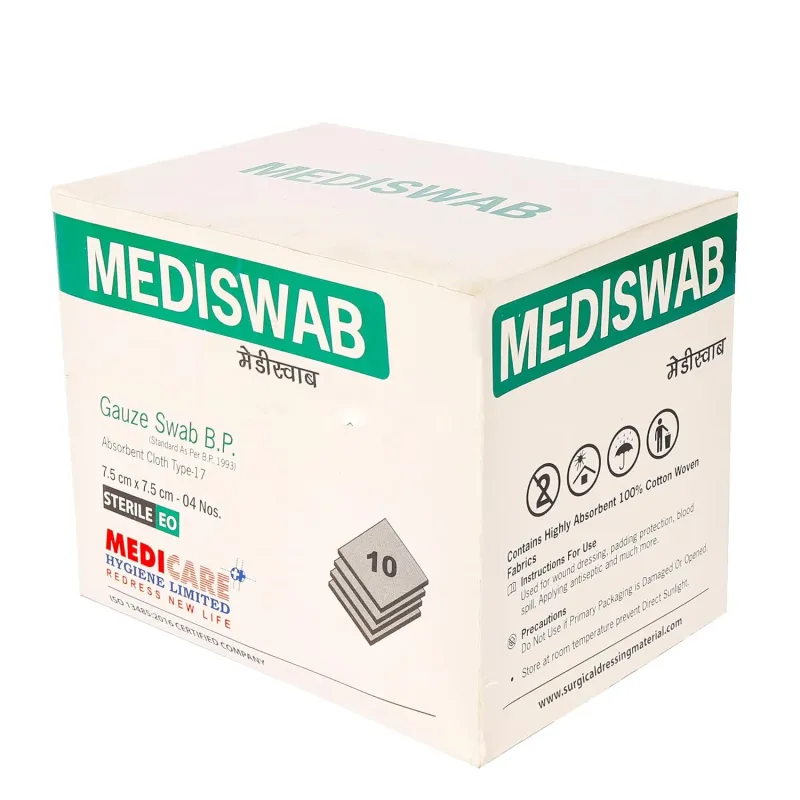 Medicare Mediswab (7.5cm X 7.5cm X 08 Ply) Gauze Swab American Fold | 20 Packs of 4 Pcs in Each