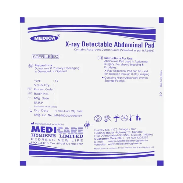 Medica X-Ray Detectable Sterile Abdominal Pad -25cmX25cmX8 Ply