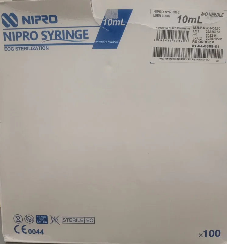 Nipro Syringe 10ml Luer Lock Without Needle- Pack of 100 Syringe