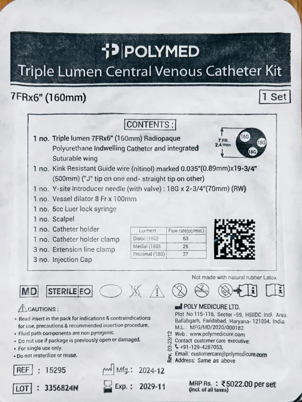 Polymed Triple Lumen Central Venous Catheter Kit- 7FR*6