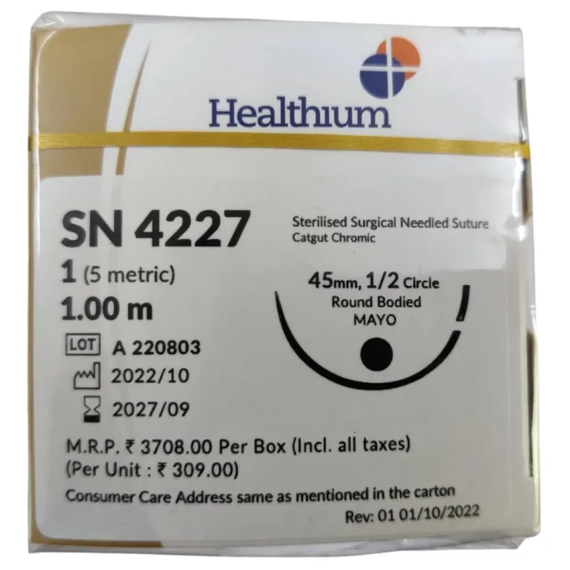 Sutures India Trugut Chromic Catgut USP 1, 1/2 Circle Round Body Mayo - SN 4227 -12 Foils