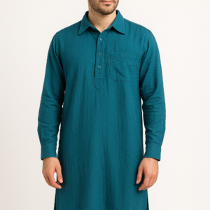 Teal Blue Cotton Long Kurta for Men