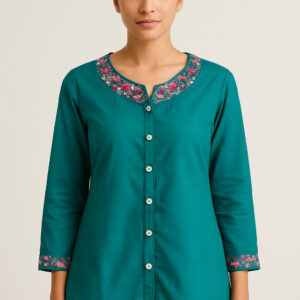 Teal Floral Embroidered Cotton Top